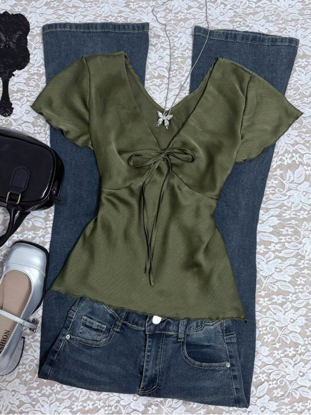 Olive Tie-Front V-Neck Women's Top